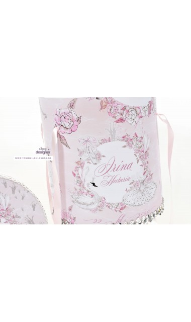 Trusou de botez cu lebede si motive florale personalizat pentru fete, Lebada alba 47